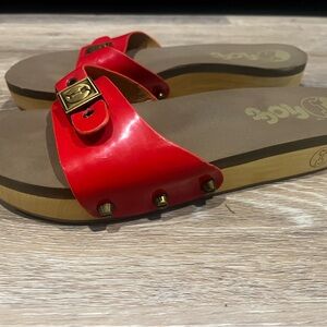 Flogg Melanie Red Patent Leather Mules Gold Buckle & Cork Footbed - Size 9 ❤️